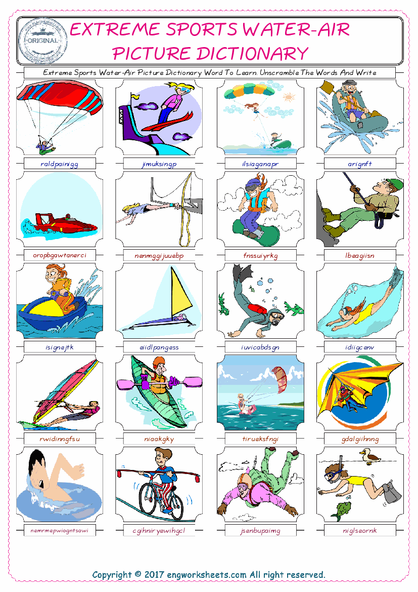  Extreme Sports Water-Air ESL Worksheets For kids, the exercise worksheet of finding the words given complexly and supplying the correct one. 